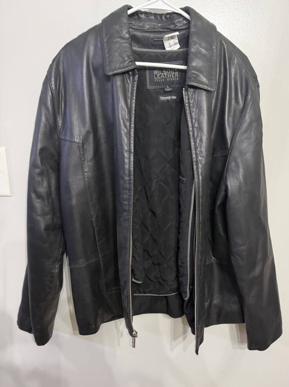 Wilsons Leather Coat Mens Large Black Pelle Studio Thinsulate Lined Overcoat